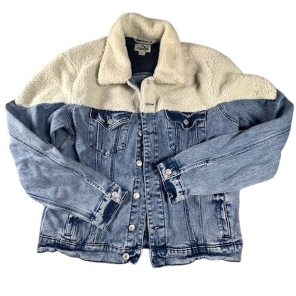 Jordache Vintage Denim Jacket Mens Medium Light Wash Sherpa Yoke Trucker Coat